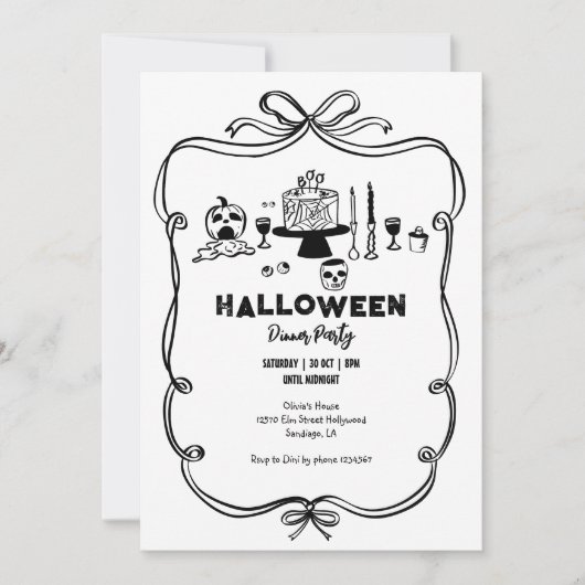 Zwart-wit Hand getekend Halloween Dinner Party Kaart (Voorkant)