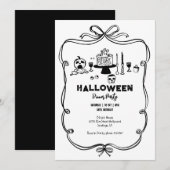 Zwart-wit Hand getekend Halloween Dinner Party Kaart (Voorkant / Achterkant)