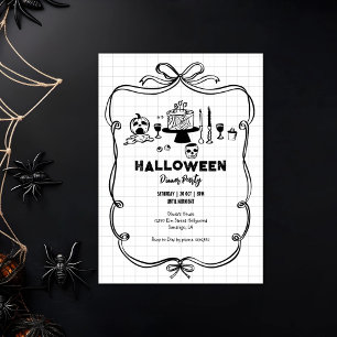 Zwart-wit Hand getekend Halloween Dinner Party Kaart