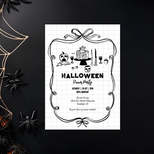 Zwart-wit Hand getekend Halloween Dinner Party Kaart