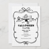 Zwart-wit Hand getekend Halloween Dinner Party Kaart (Voorkant)
