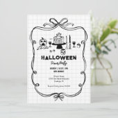Zwart-wit Hand getekend Halloween Dinner Party Kaart (Staand voorkant)