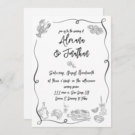 Zwart-wit Hand getekend Illustraties Trouwen Kaart (Voorkant / Achterkant)