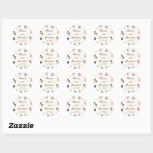 Zwart-wit Hand getekend Quirky Wedding Ronde Sticker (Vel)