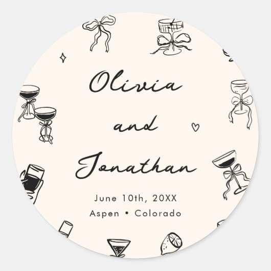 Zwart-wit Hand getekend Quirky Wedding Ronde Sticker (Voorkant)