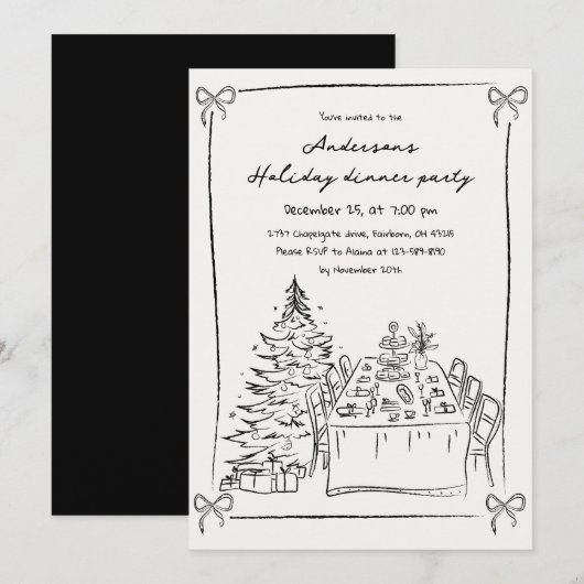 Zwart & Wit Hand Getekend Xmas Kerstfeest Kaart (Voorkant / Achterkant)