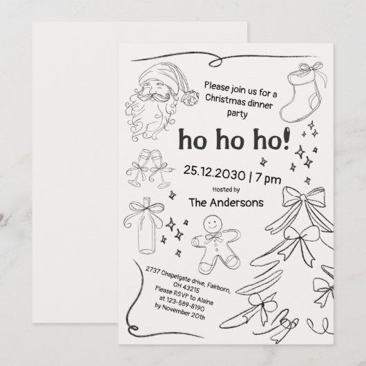 Zwart & Wit Hand Getekende Doodle Kerstfeest Kaart (Voorkant / Achterkant)