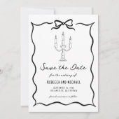Zwart & Wit Hand Getekende Strik Foto Bruiloft Save The Date (Voorkant)