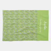 Zwart & wit hand getrokken bloemen op groen patroo theedoek (Horizontaal)