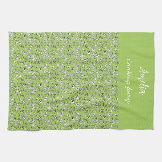 Zwart & wit hand getrokken bloemen op groen patroo theedoek (Horizontaal)