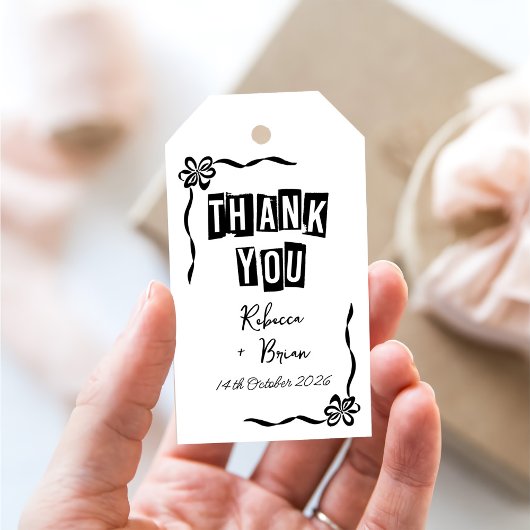 Zwart & Wit Hand Getrokken Boog Huwelijk Cadeaulabel