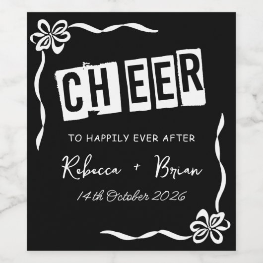 Zwart & Wit Hand Getrokken Bow Schets Huwelijk Wijn Etiket (Enkel label)