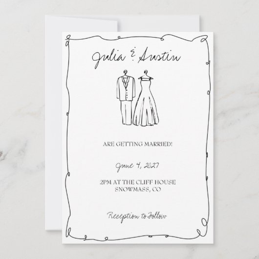 Zwart-wit Hand getrokken bruid en bruidegom bruilo Kaart (Voorkant)