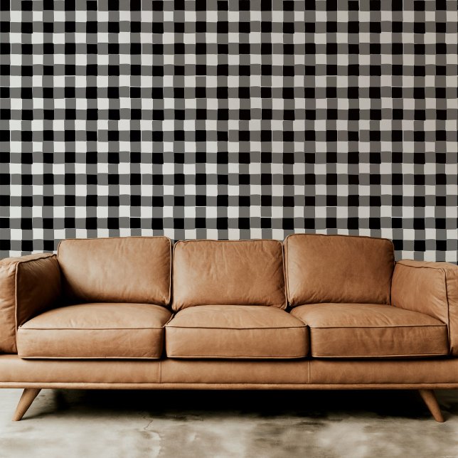 Zwart-wit Hand-getrokken Buffel Check Plaid Behang (Classic black and white hand-drawn buffalo check plaid modern peel and stick wallpaper.)