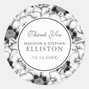 Zwart & Wit Hand getrokken Floral   Dank u Ronde Sticker