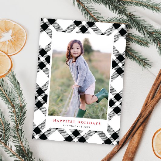 Zwart & Wit Hand-getrokken geruite Kerstfoto Feestdagenkaart