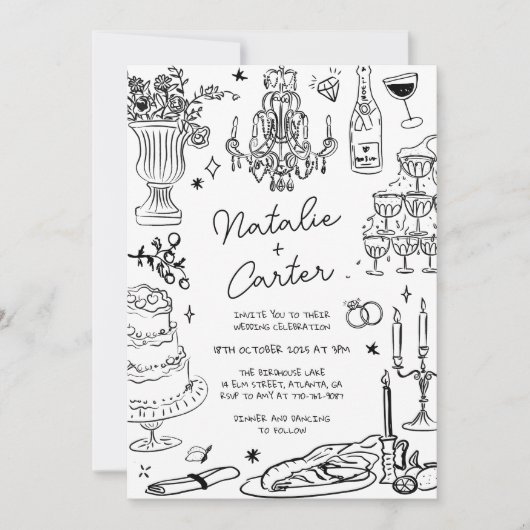 Zwart-wit Hand getrokken grillige bruiloft Kaart (Voorkant)