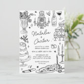 Zwart-wit Hand getrokken grillige bruiloft Kaart (Staand voorkant)