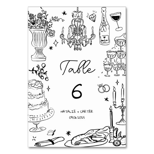 Zwart-wit Hand getrokken grillige bruiloft Kaart (Voorkant)