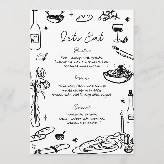 Zwart-wit Hand getrokken grillige bruiloft Menu (Voorkant)