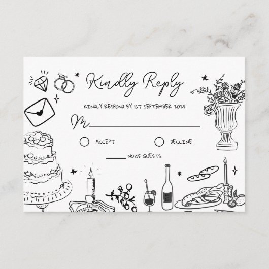Zwart-wit Hand getrokken grillige bruiloft RSVP Informatiekaartje (Voorkant)