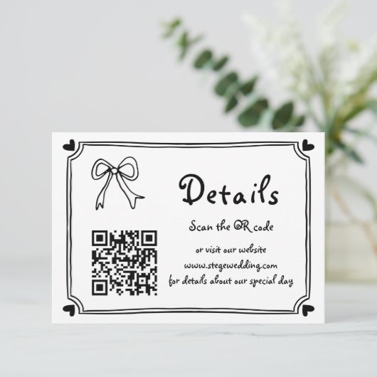 Zwart-wit Hand getrokken krabbel bruiloft Informatiekaartje (Staand voorkant)