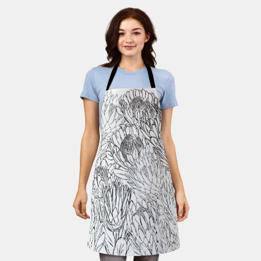 Zwart-wit Hand getrokken Protea Schort (Gedragen)