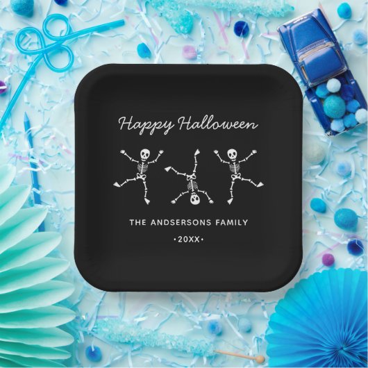 Zwart & Wit Hand getrokken Skelet Happy Halloween Papieren Bordje (Feest)