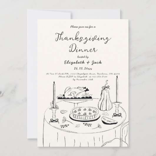 Zwart-wit Hand getrokken Thanksgiving Diner Kaart (Voorkant)