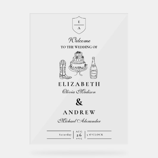 Zwart Wit Hand Getrokken Westerne Doodle Wedding Acryl Bord (Voorkant)