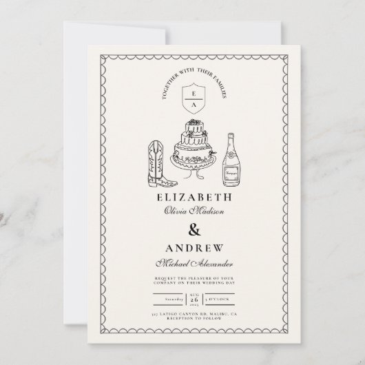 Zwart Wit Hand Getrokken Westerne Doodle Wedding Kaart (Voorkant)