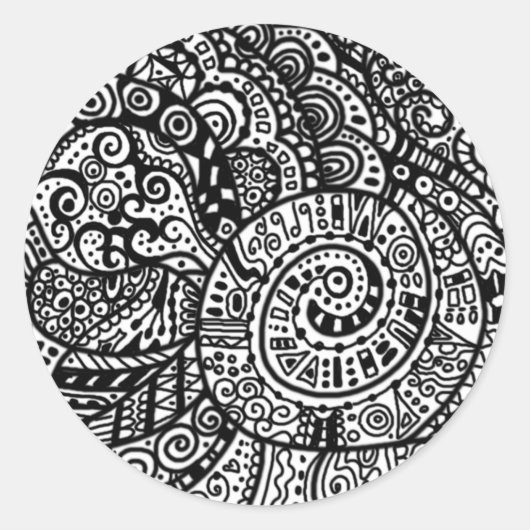 Zwart-wit handbeschilderde doodles ronde sticker (Voorkant)