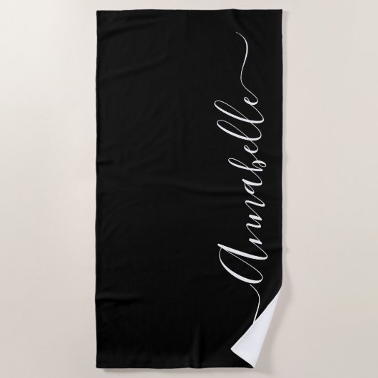 Zwart-wit handdoek met naam voor het strand (Voorkant)