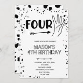 Zwart wit handgebaar 4de verjaardag kaart (Voorkant / Achterkant)