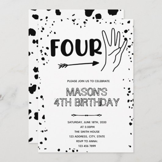 Zwart wit handgebaar 4de verjaardag kaart (Voorkant / Achterkant)
