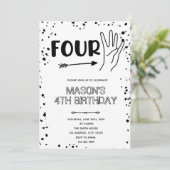 Zwart wit handgebaar 4e verjaardag kaart (Staand voorkant)