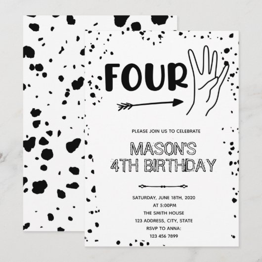 Zwart wit handgebaar 4e verjaardag kaart (Voorkant / Achterkant)