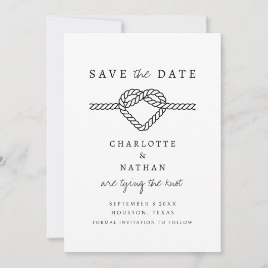 Zwart-wit Handgeschreven Tying the Knot Wedding Save The Date (Voorkant)