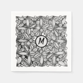 Zwart-wit handgetekend krabbeltje met monogram servet