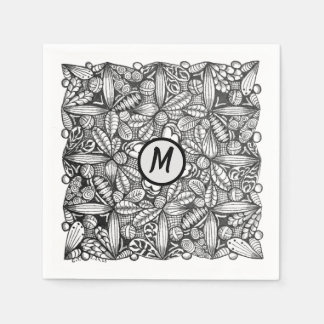 Zwart-wit handgetekend krabbeltje met monogram servet