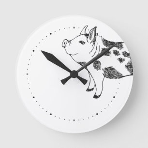 Zwart-wit handgetekend varken koeienvlekkenpatroon ronde klok