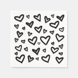 Zwart & Wit Handgetekende Geschilderde Doodle Hart Servet