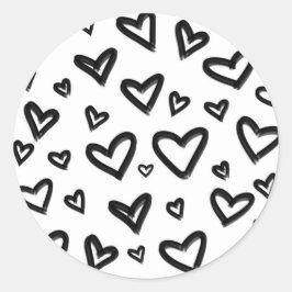 Zwart & Wit Handgetekende Getekende Doodle Harten Ronde Sticker