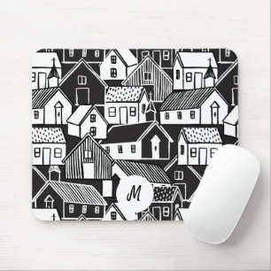 Zwart-Wit Handgetekende Huizen Monogram Muismat
