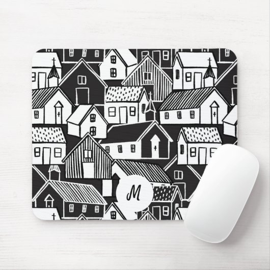 Zwart-Wit Handgetekende Huizen Monogram Muismat (Met muis)