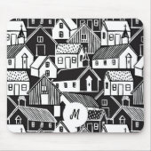 Zwart-Wit Handgetekende Huizen Monogram Muismat (Voorkant)