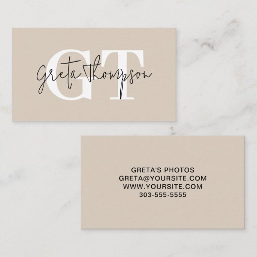 Zwart-wit Handtekening Naam Monogram Beige Visitekaartje (Voorkant / Achterkant)