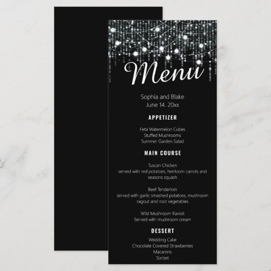 Zwart & Wit Hangende Lichten Bruiloft Flat Menu (Voorkant / Achterkant)
