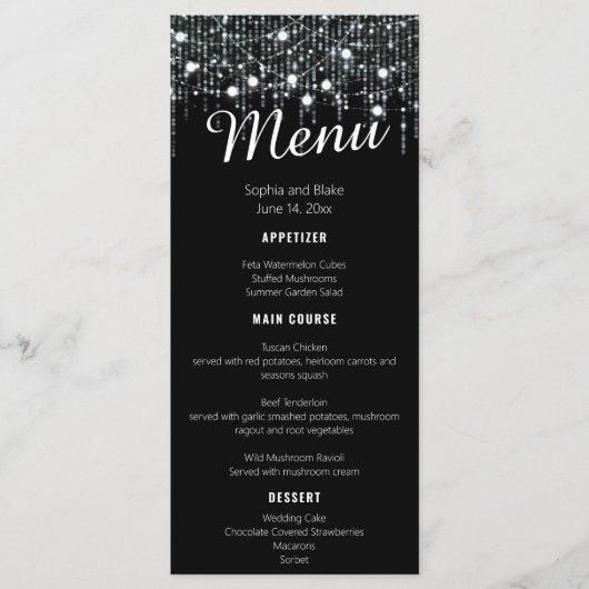 Zwart & Wit Hangende Lichten Bruiloft Flat Menu (Voorkant)