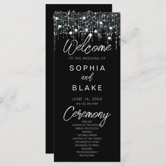 Zwart & Wit Hangende Lichten Huwelijksprogramma (Voorkant / Achterkant)